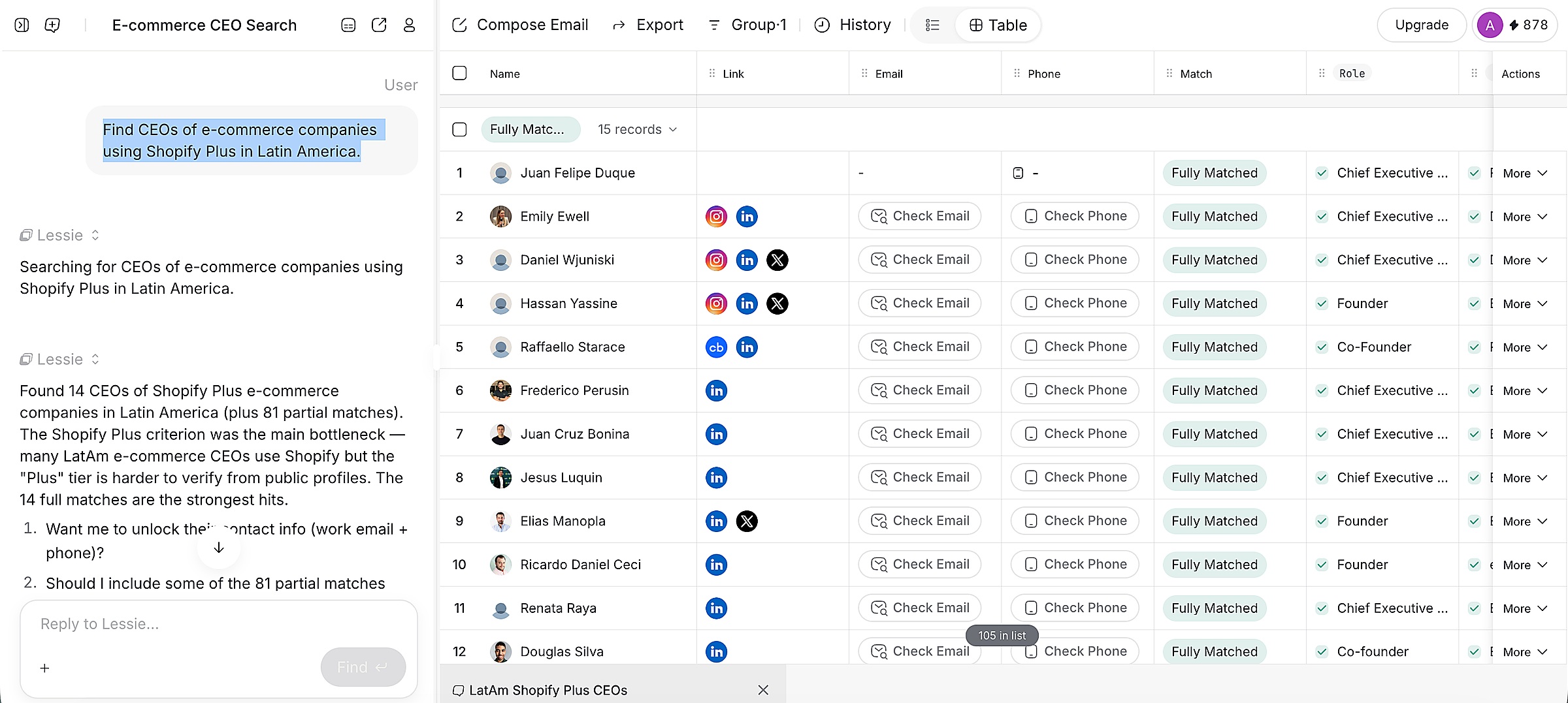 Lessie product interface showing an AI search result list with matched B2B contacts